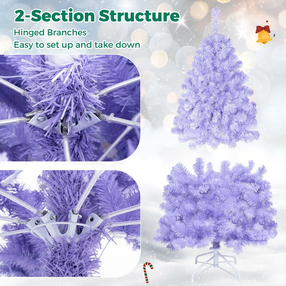 Light purple 4.5 FT pre-lit Christmas tree with 140 warm white LED lights and hinged branches for easy setup.