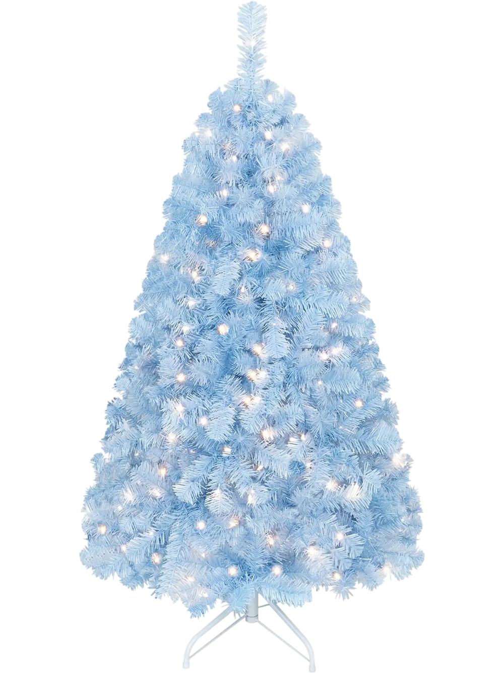 Pre-lit 4.5 FT ice blue Christmas tree with warm white lights and 910 layered branch tips for festive holiday displays.