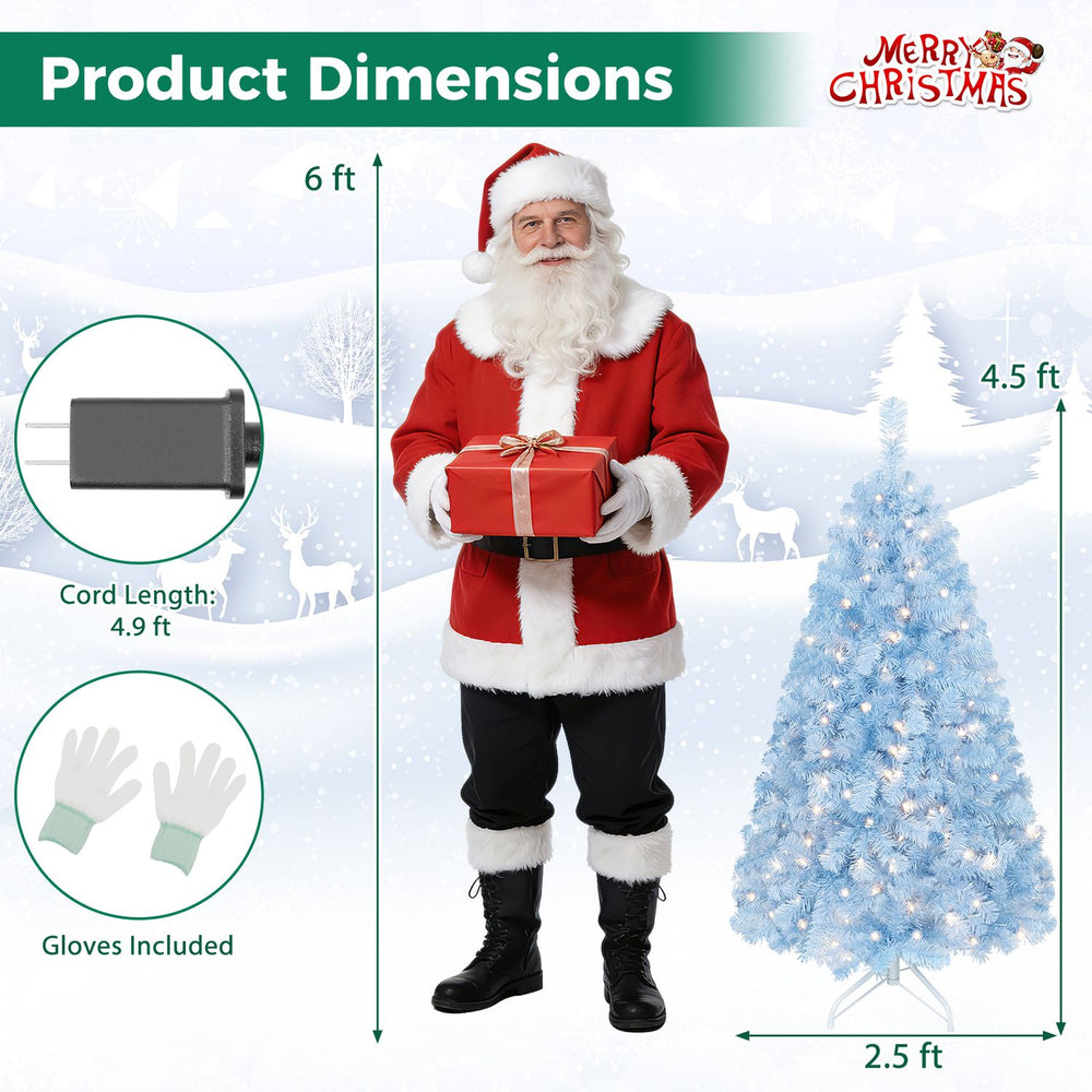 Pre-lit 4.5 FT ice blue Christmas tree with warm white lights and stable metal base, perfect for holiday displays.