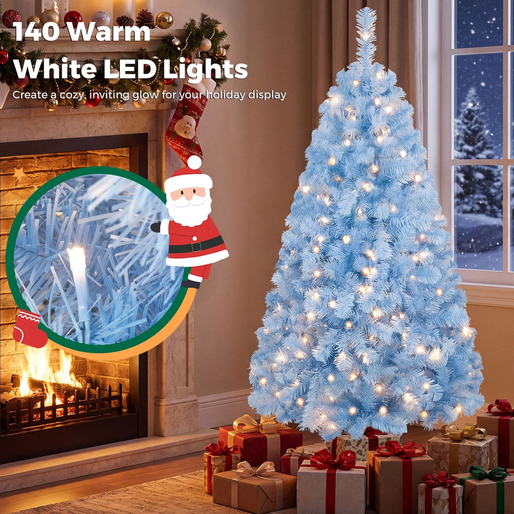 4.5 FT pre-lit ice blue Christmas tree with warm white lights, featuring hinged branches for easy setup and a stable metal base.