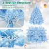 Pre-lit 4.5 FT ice blue Christmas tree with warm white lights features hinged branches for easy setup and a stable metal base.