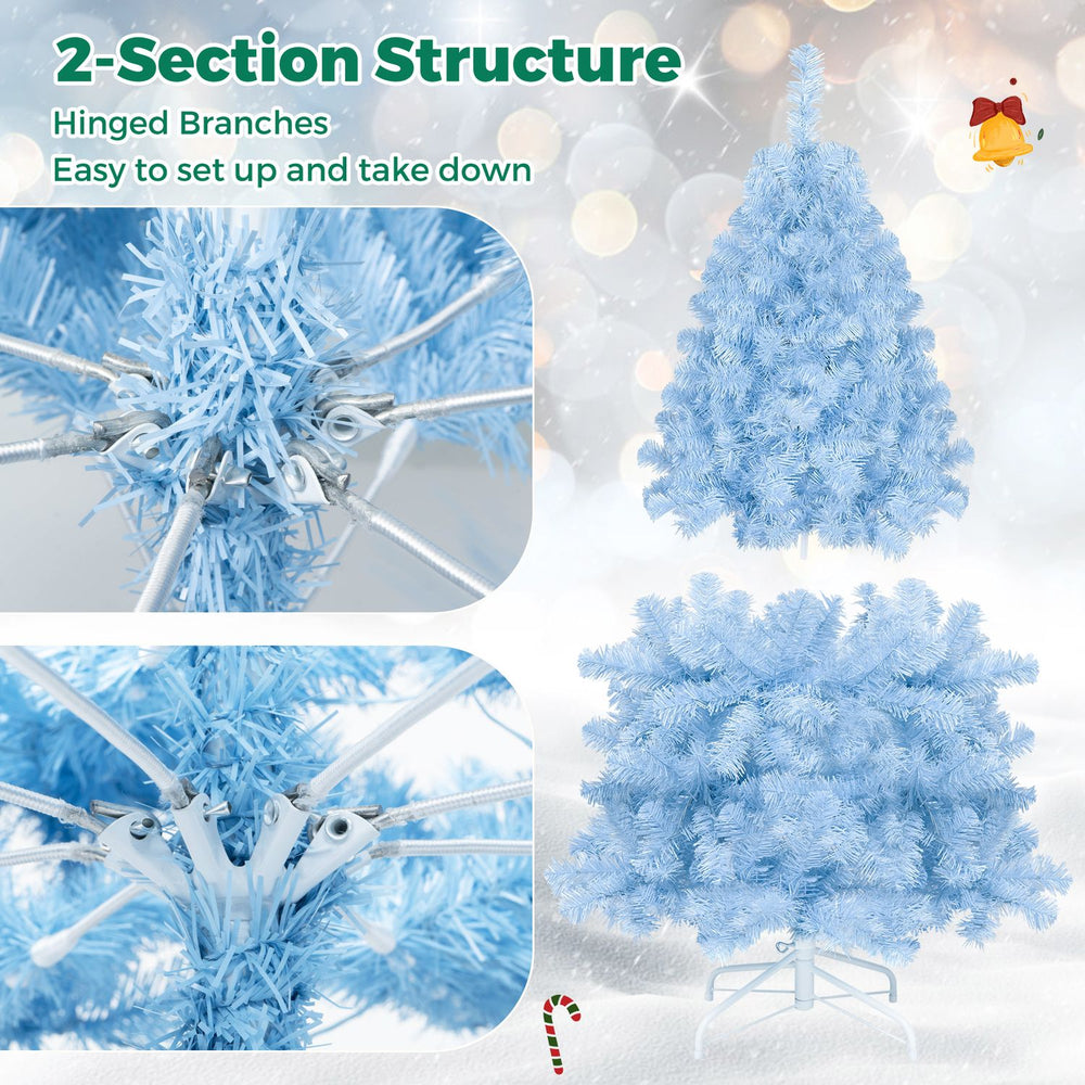 Pre-lit 4.5 FT ice blue Christmas tree with warm white lights features hinged branches for easy setup and a stable metal base.