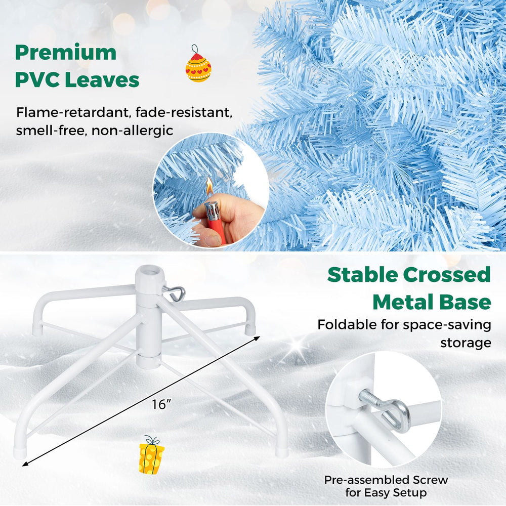 Ice blue Christmas tree with warm white lights features premium PVC leaves and a foldable metal base for easy storage.