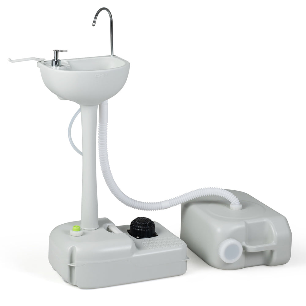 Portable wash basin stand with 4.5-gallon fresh water tank and 6.34-gallon recovery tank, ideal for outdoor use.