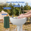 Compact 4.5-gallon wash basin stand with stainless steel faucet, soap dispenser, and towel rack for outdoor convenience.