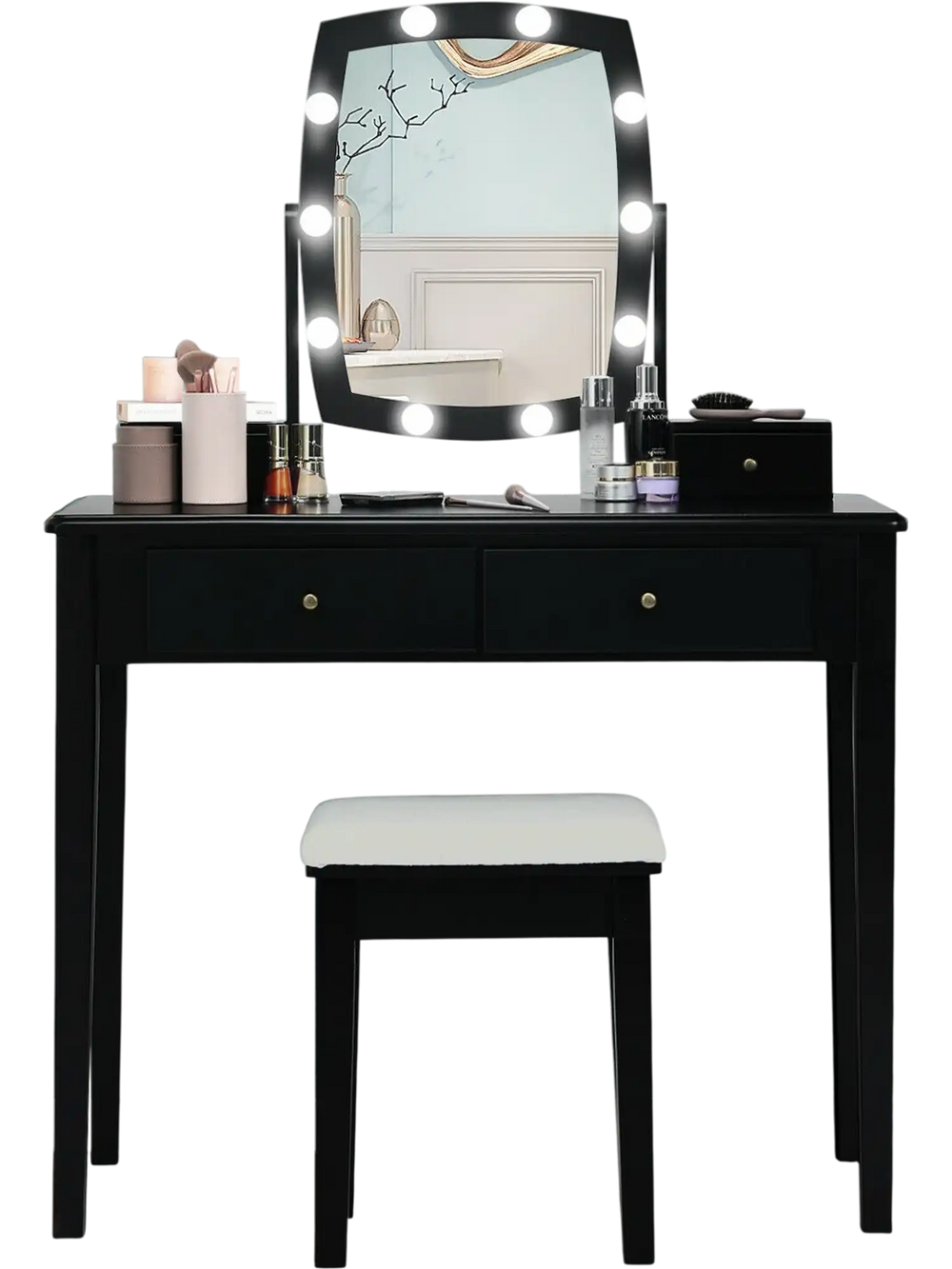 Black vanity table set with lighted mirror, featuring 10 dimmable bulbs and ample storage, perfect for bedroom use.
