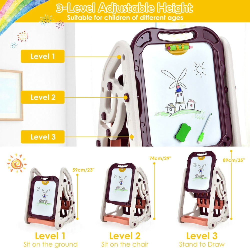 3-in-1 kids art easel with adjustable height, featuring a double-sided whiteboard and chalkboard for creative play.