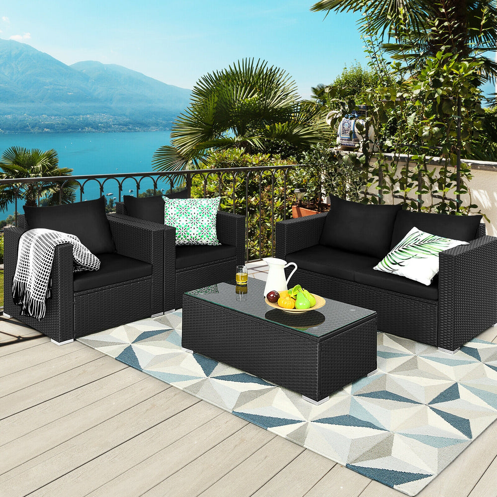4 Pieces Patio Rattan Conversation Set with Cushions and Coffee Table-Black - Gallery View 1 of 10