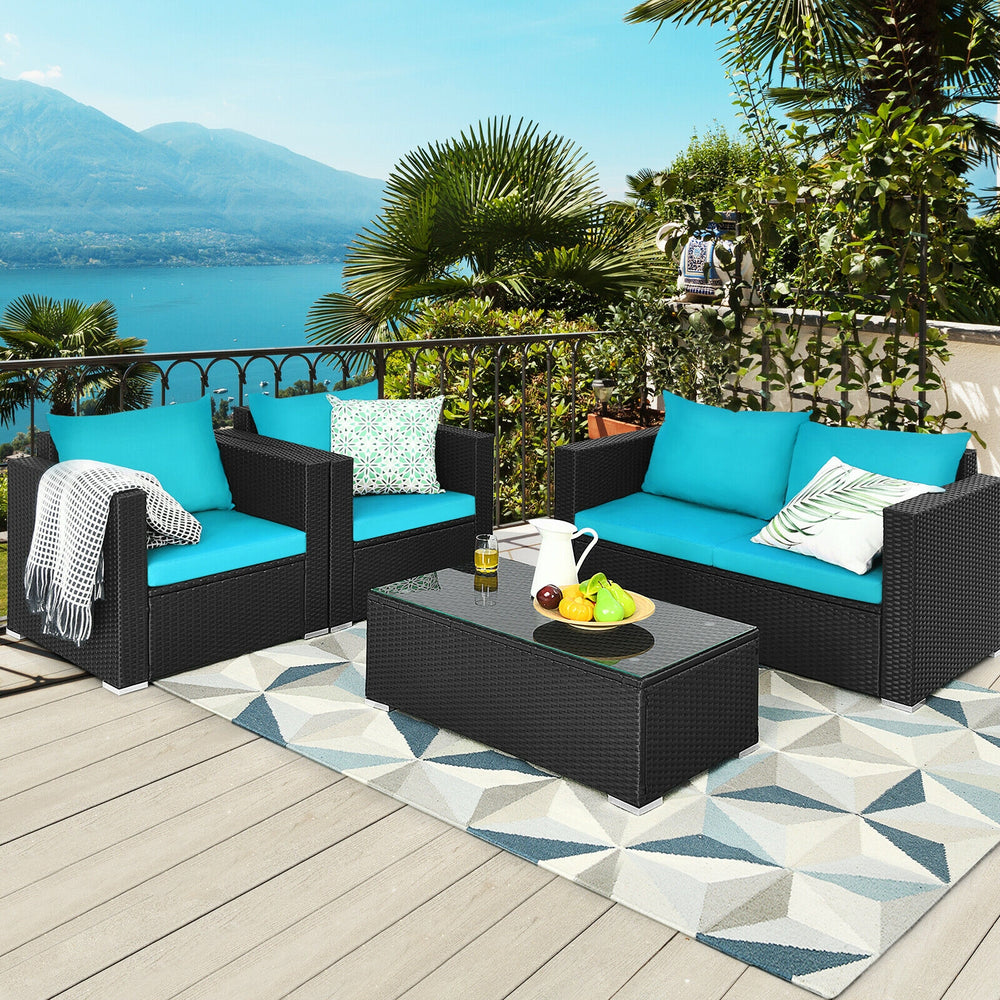 4Pcs Patio Rattan Cushioned Furniture Set-Turquoise - Gallery View 1 of 10