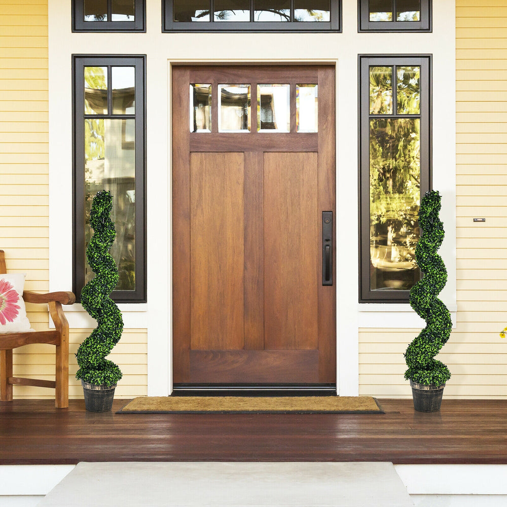 4 FT artificial spiral boxwood topiary trees in golden pots, perfect for indoor or outdoor decor, space-saving and.