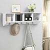 Wall-mounted storage cabinet with four compartments and five hooks for coats and keys, perfect for entryway.