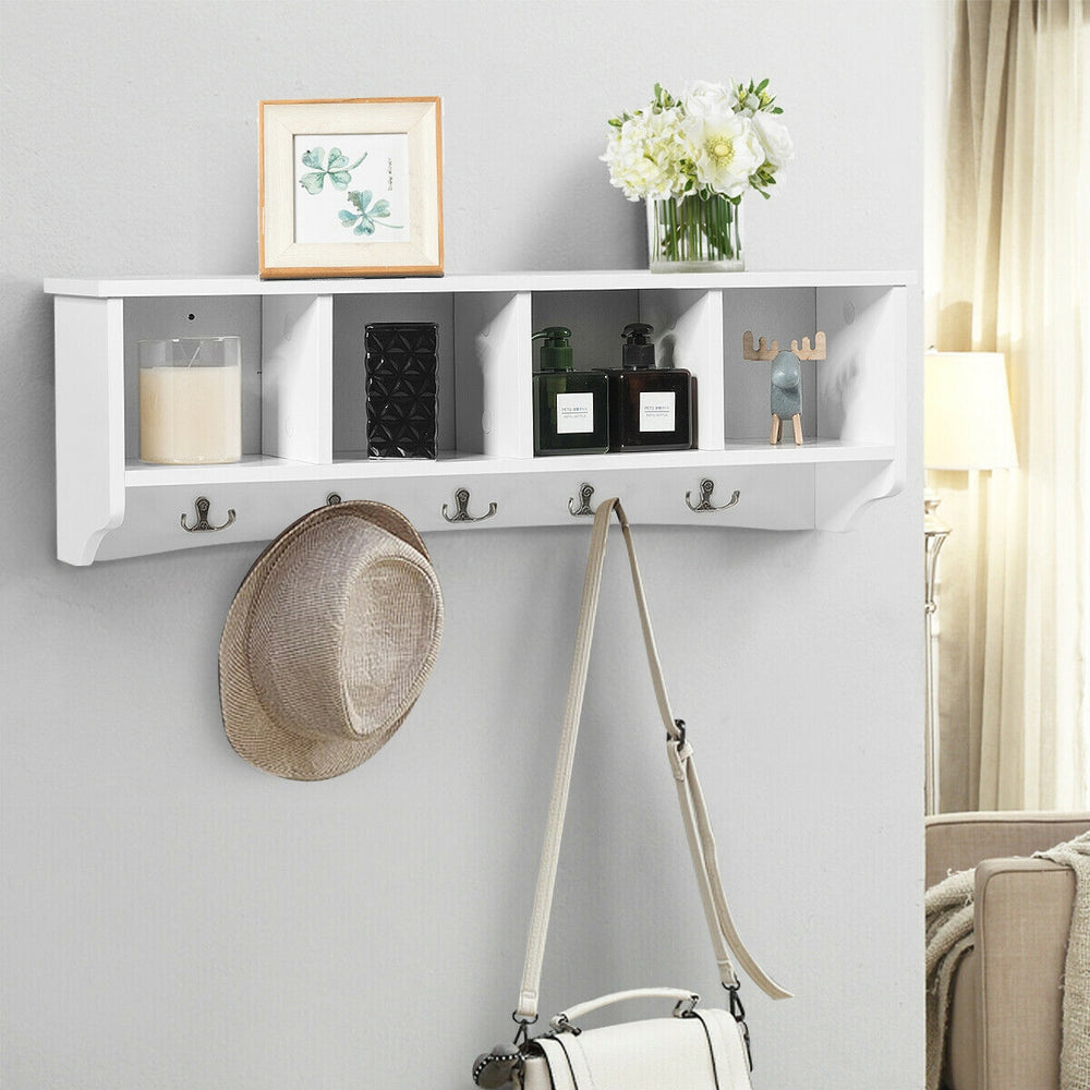 Wall-mounted storage cabinet with four compartments and five hooks for coats and keys, perfect for entryway.