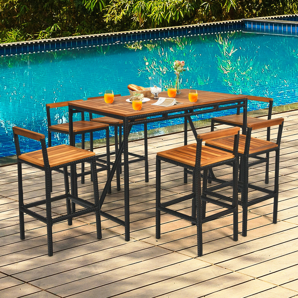 7-piece acacia wood patio bar set with 6 stools and umbrella hole, perfect for outdoor dining by the poolside.