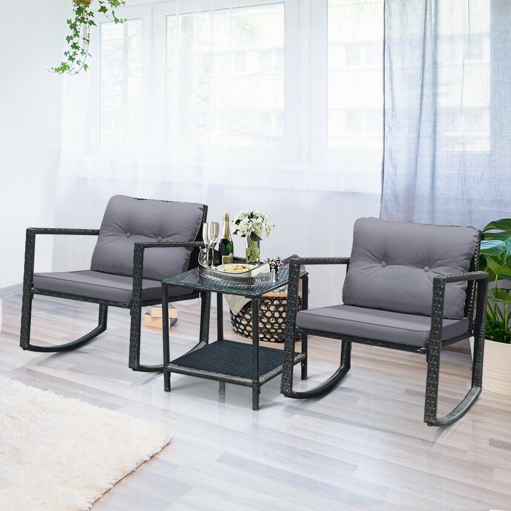 3 Pcs Cushioned Patio Rattan Set with Rocking Chair and Table-Gray - Gallery View 1 of 10
