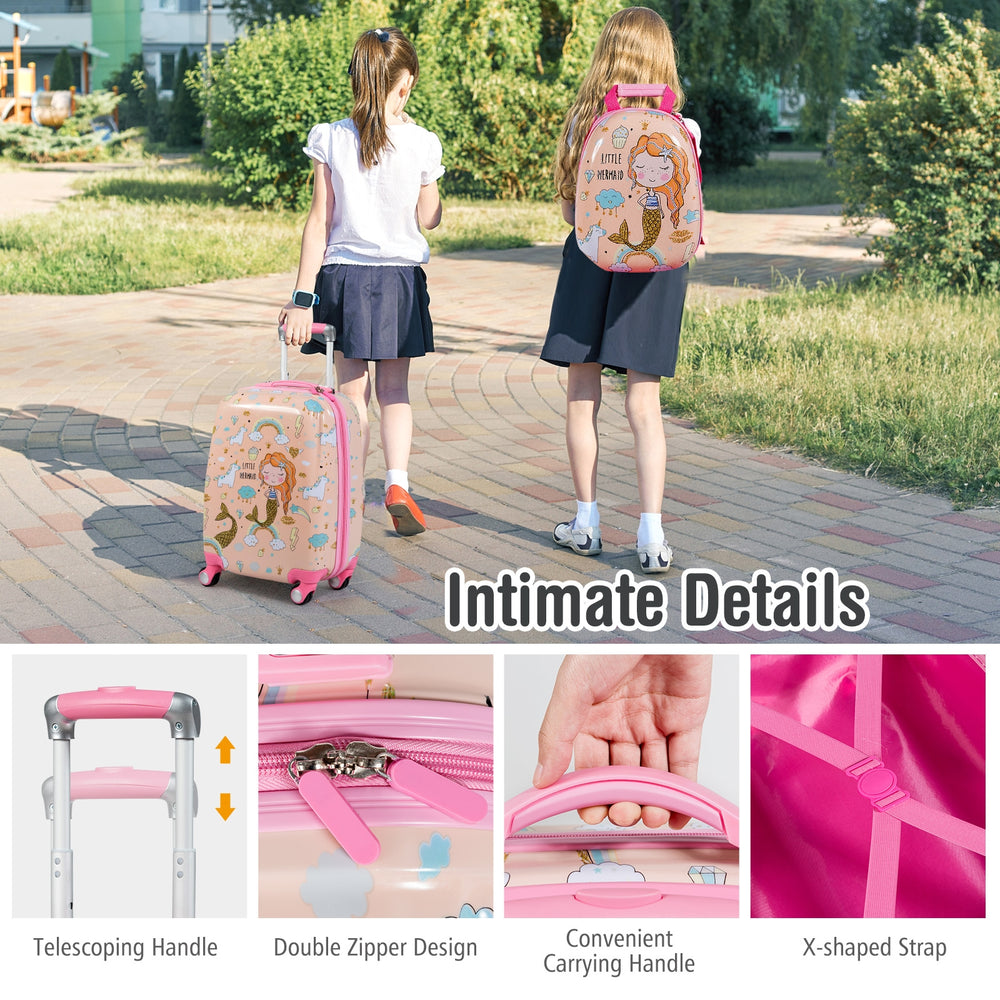 Kids rolling suitcase and backpack set in pink with astronaut pattern, featuring adjustable handle and durable.