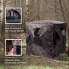 Portable deer hunting blind with camo design, featuring big windows for 360° visibility and easy setup for stealthy.
