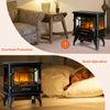 Freestanding electric fireplace heater in black with realistic flame effect, adjustable thermostat, and quiet operation.