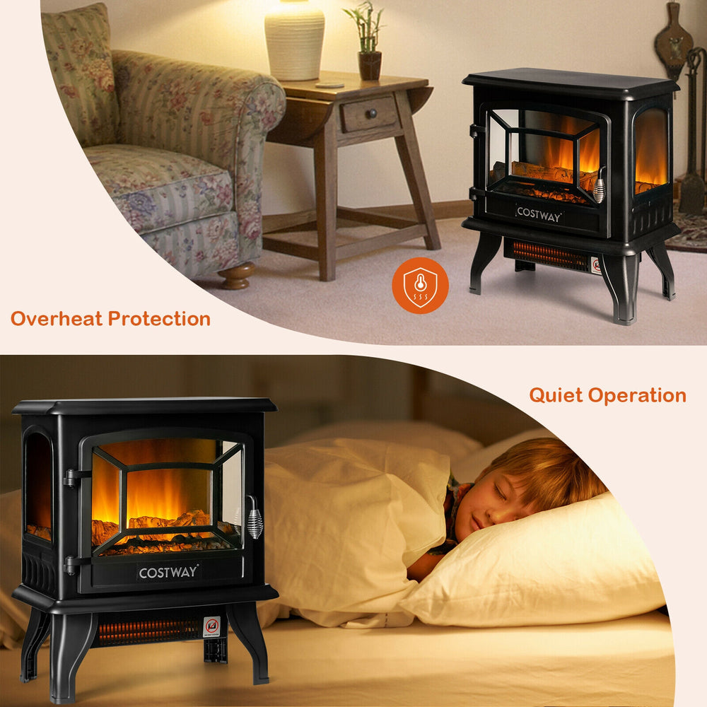 Freestanding electric fireplace heater in black with realistic flame effect, adjustable thermostat, and quiet operation.