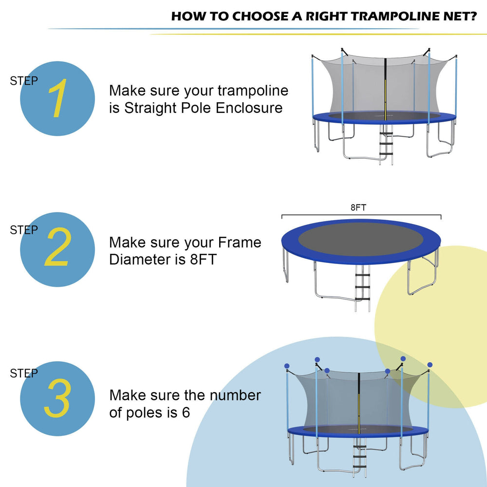Replacement weather-resistant trampoline safety enclosure net for 8 ft trampoline, featuring durable PE material and.