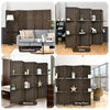 6 panel brown folding room divider with hand-woven fiber and 2 display shelves, perfect for creating private spaces.