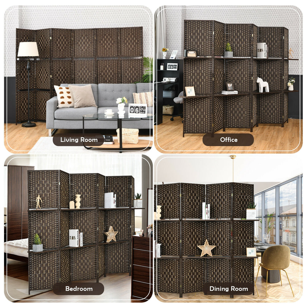 6 panel brown folding room divider with hand-woven fiber and 2 display shelves, perfect for creating private spaces.