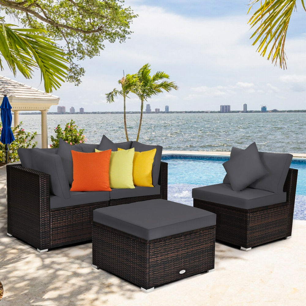 4 Pieces Ottoman Garden Patio Rattan Wicker Furniture Set with Cushion-Gray - Gallery View 1 of 12