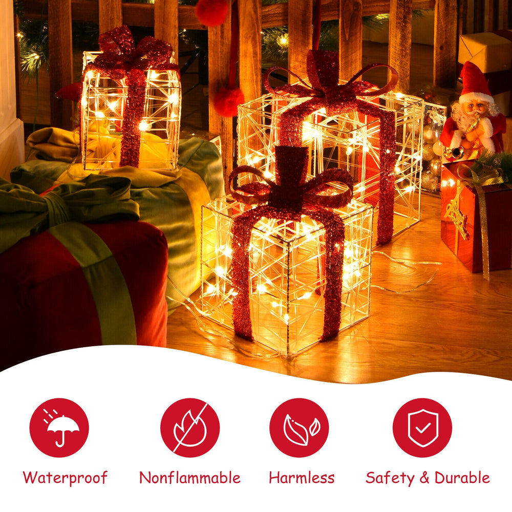 Lighted Christmas gift boxes with 60 LED lights, waterproof design, perfect for indoor and outdoor holiday decor.