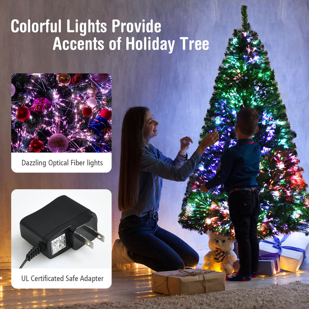 6-foot pre-lit fiber optic Christmas tree with colorful lights, featuring 617 branch tips for a full-bodied look.