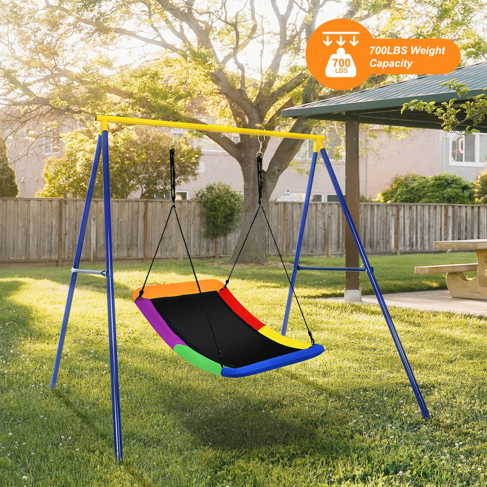 Colorful 60-inch platform tree swing with solid steel frame, adjustable ropes, and 700 lbs capacity for backyard fun.