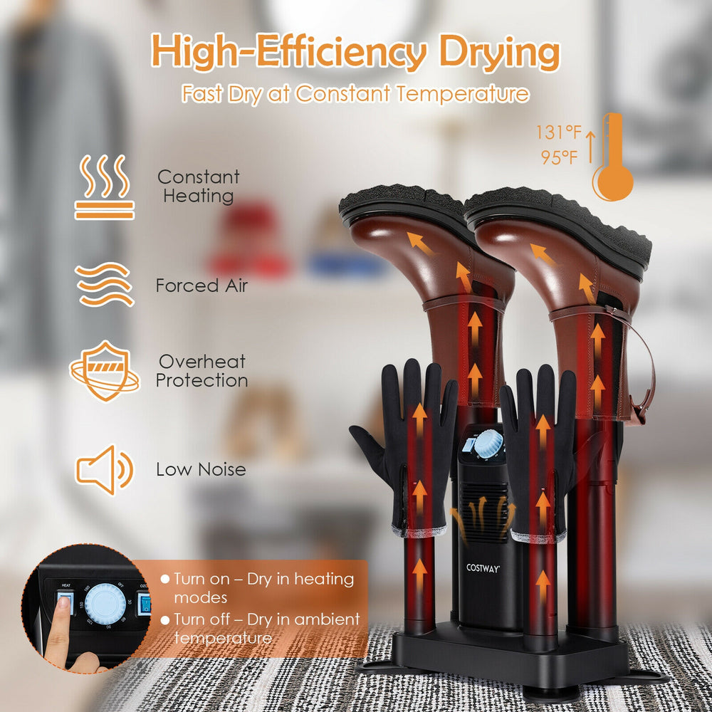 Electric shoe dryer for 4 shoes with ozone disinfection, 180-min timer, and constant heating for efficient drying.