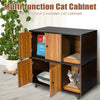 Cat litter box enclosure in coffee color with double doors, divider, and scratching pad for a stylish pet-friendly.