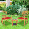 Patio acacia wood rocking chair set with red cushions, perfect for garden relaxation and outdoor seating.