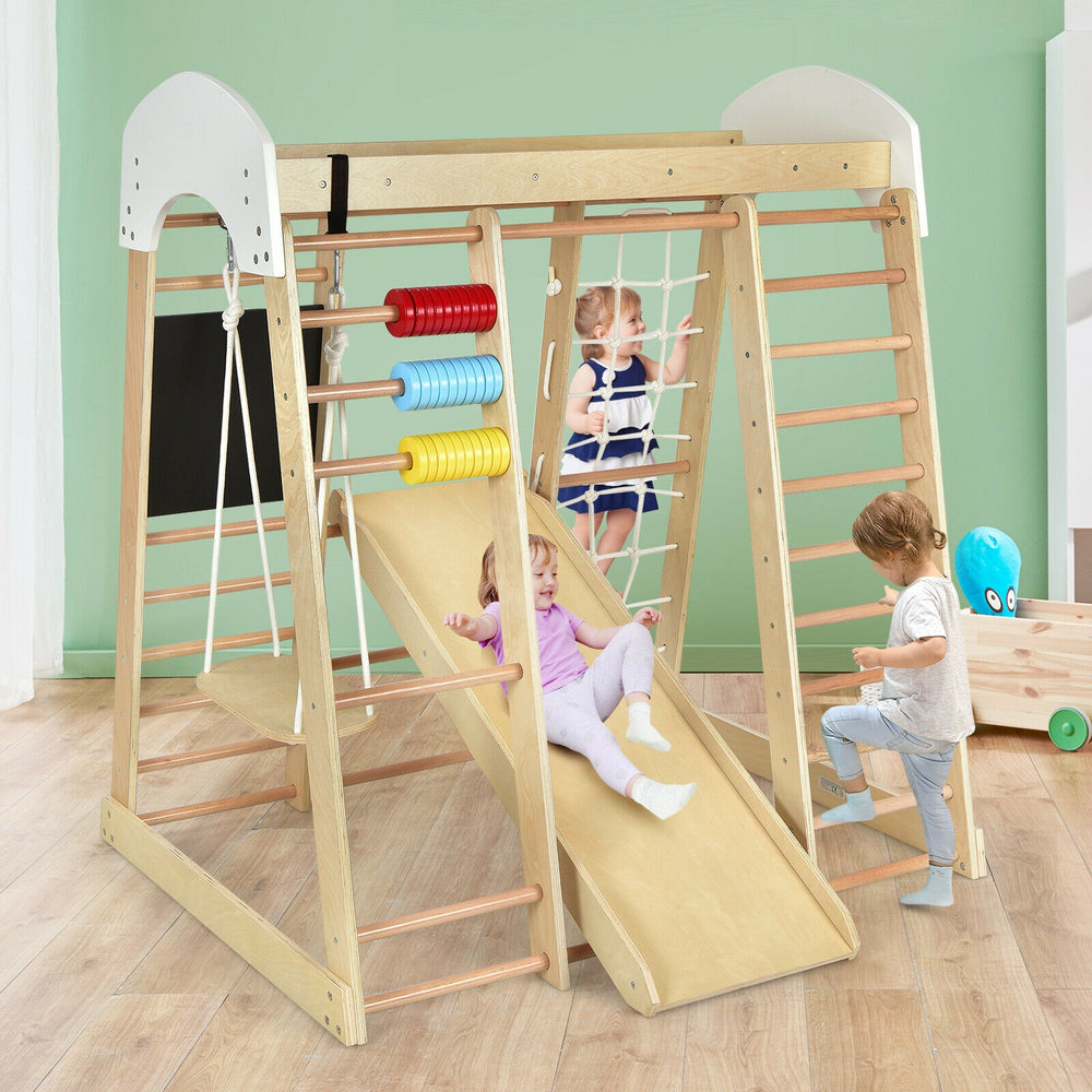 Wooden 8-in-1 indoor playground climber with slide, ladder, and safety features for children’s fun and development.