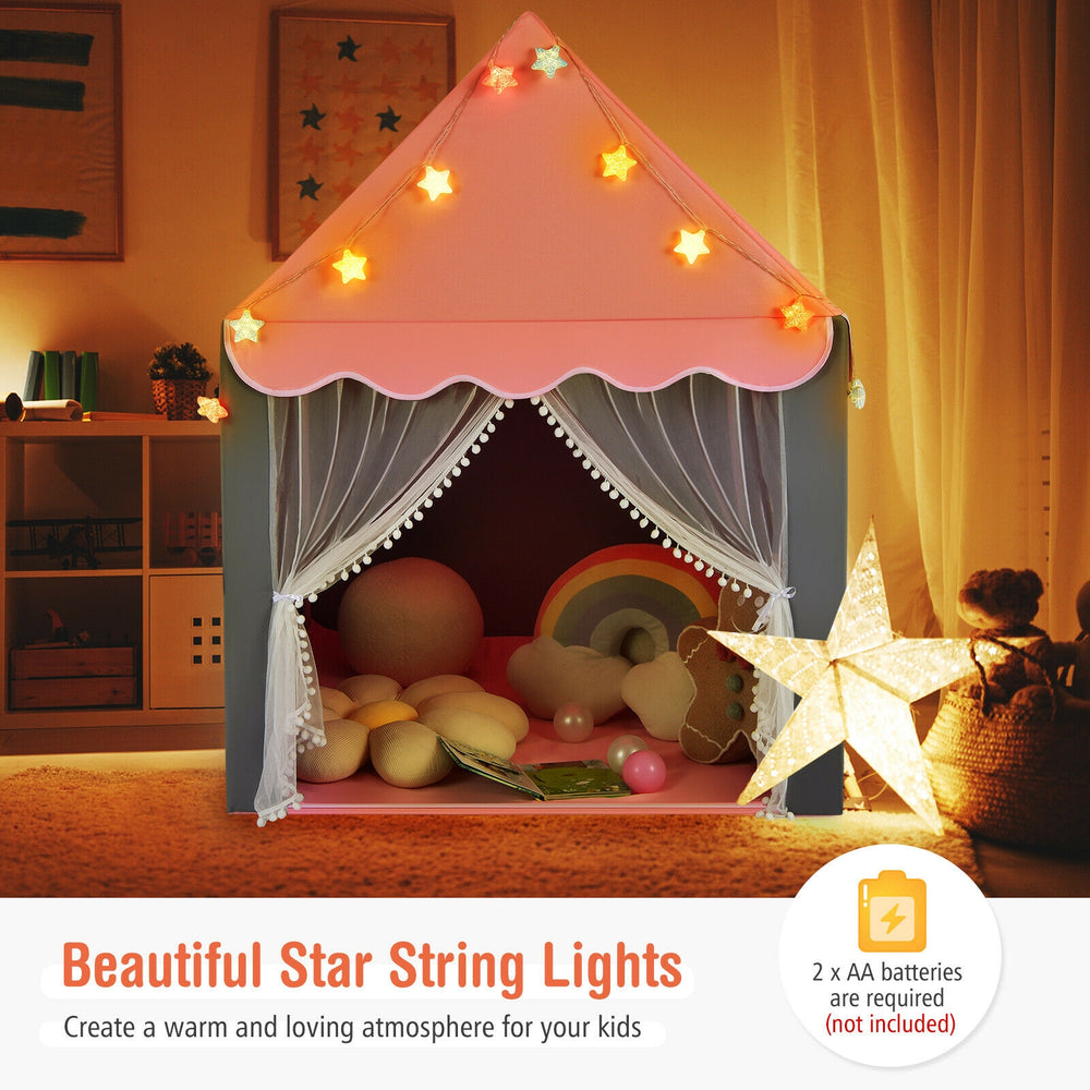 Kids playhouse tent in pink with colorful star string lights, featuring a soft cotton mat for cozy playtime.