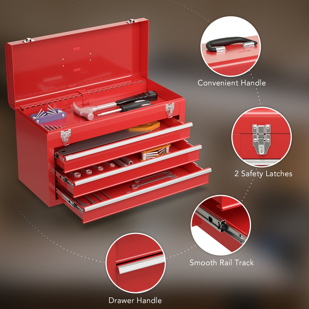 Portable red garage mechanic tool cabinet with three drawers, convenient handle, and smooth rail track for easy access.