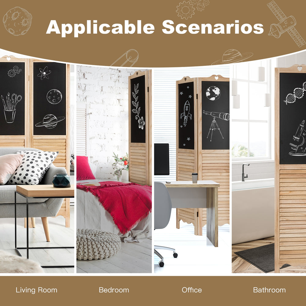 4-panel folding room divider screen with chalkboard, made of solid wood, ideal for living room, bedroom, or office use.