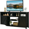 Black 59-inch TV stand with barn doors, featuring open compartments and side cabinets for ample storage in living room.