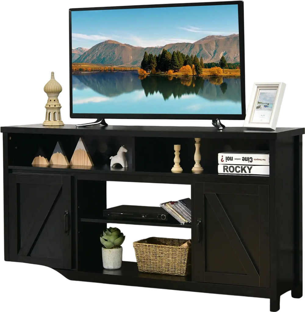 Black 59-inch TV stand with barn doors, featuring open compartments and side cabinets for ample storage in living room.