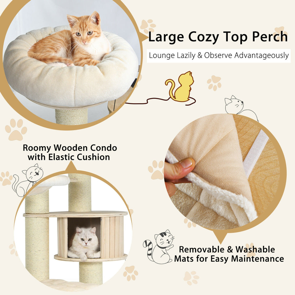 Large cozy top perch of a 77.5-inch cat tree condo in cream white, featuring plush fabric for warmth and comfort.
