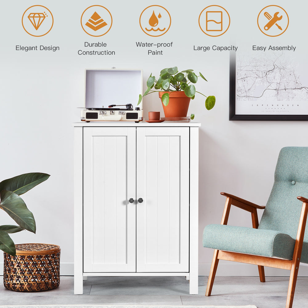 2-door bathroom floor storage cabinet in white with adjustable shelves, ideal for towels and toiletries, easy to.