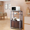Walnut microwave rack stand with 3 shelves and 2-door cabinet, featuring caster wheels for easy mobility in the kitchen.