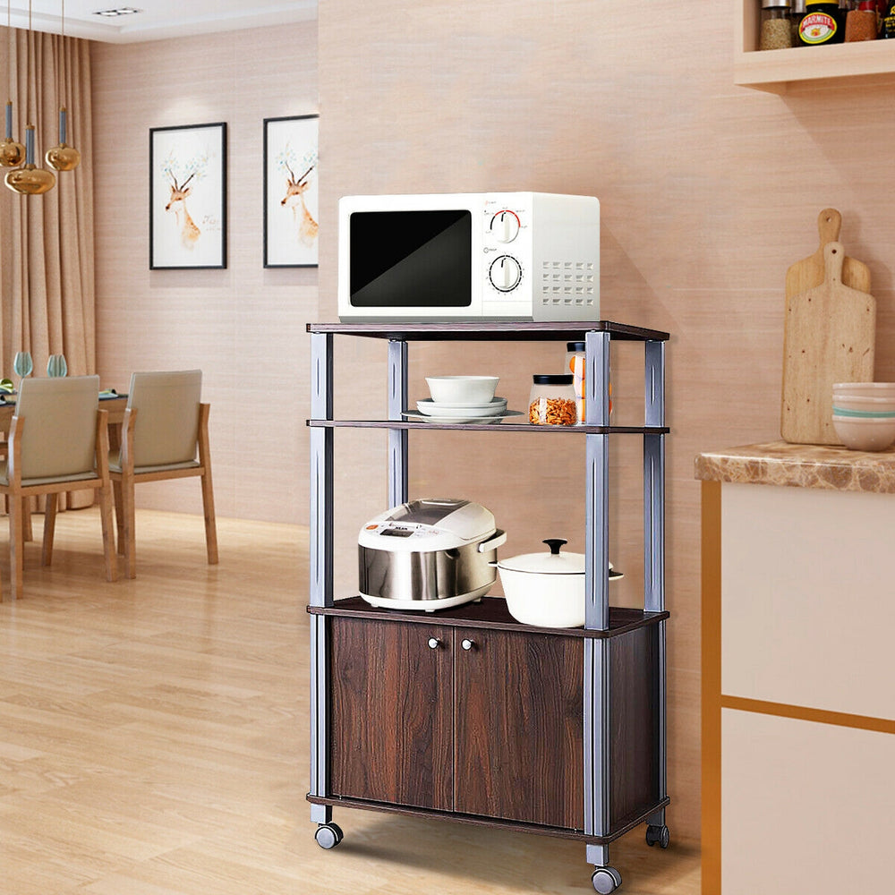 Walnut microwave rack stand with 3 shelves and 2-door cabinet, featuring caster wheels for easy mobility in the kitchen.
