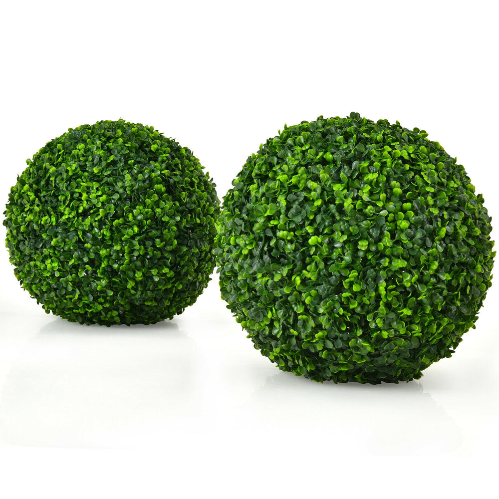Two 15.7-inch artificial boxwood topiary ball trees with realistic green leaves, perfect for indoor and outdoor decor.