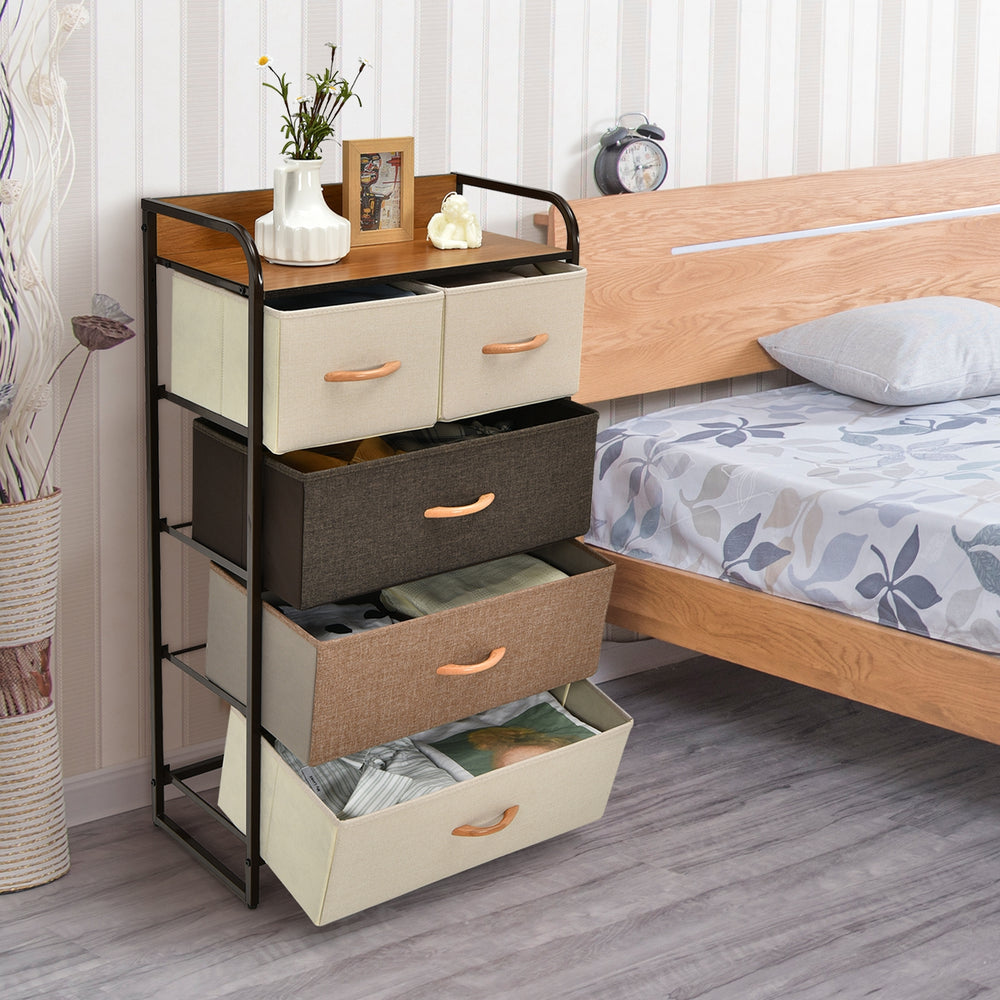 4-tier organizer tower with steel frame and wooden top, featuring 5 fabric drawers for versatile storage in any room.