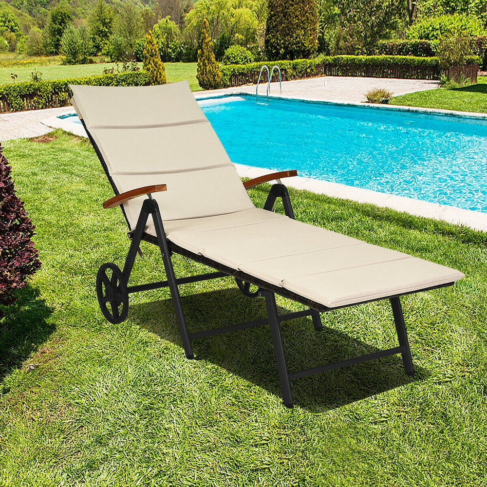 Outdoor Chaise Lounge Chair Rattan Lounger Recliner Chair-Beige - Gallery View 1 of 10