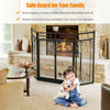3-panel black wrought iron fireplace screen with doors and tools set, designed for safety around fires and easy storage.