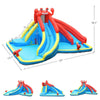 Crab-themed inflatable water slide with two slides, water cannons, and climbing wall for kids' outdoor fun.
