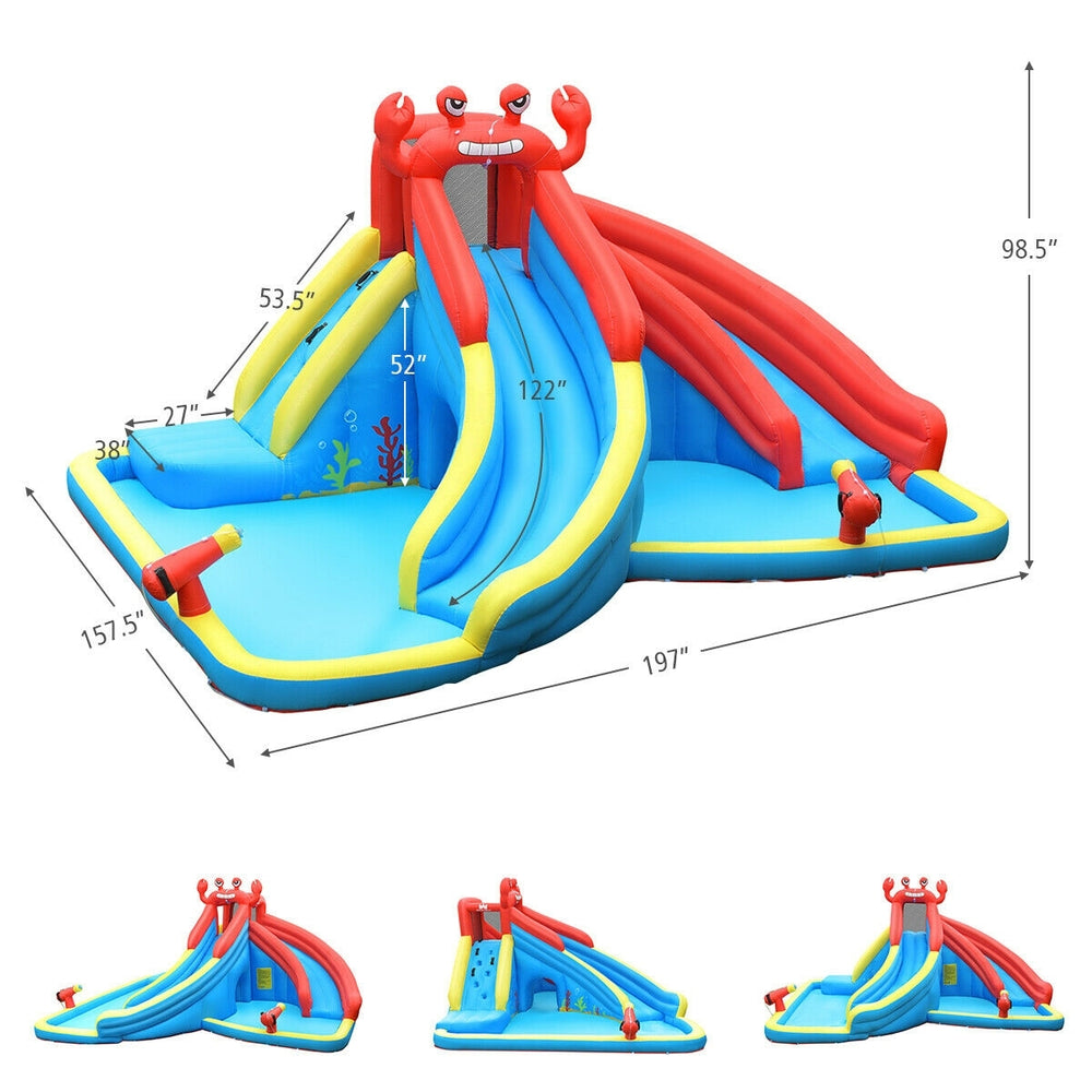 Crab-themed inflatable water slide with two slides, water cannons, and climbing wall for kids' outdoor fun.