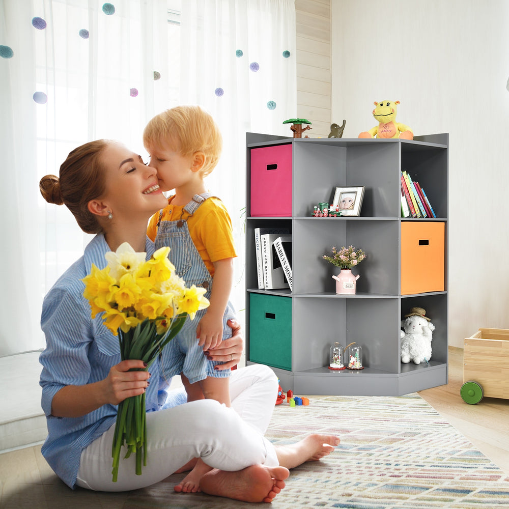 Gray 3-tier kids storage shelf corner cabinet with colorful baskets, perfect for organizing toys and decorations in any.