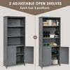 Gray bookcase shelving unit with adjustable open shelves and bottom cabinet, ideal for organizing books and decor.